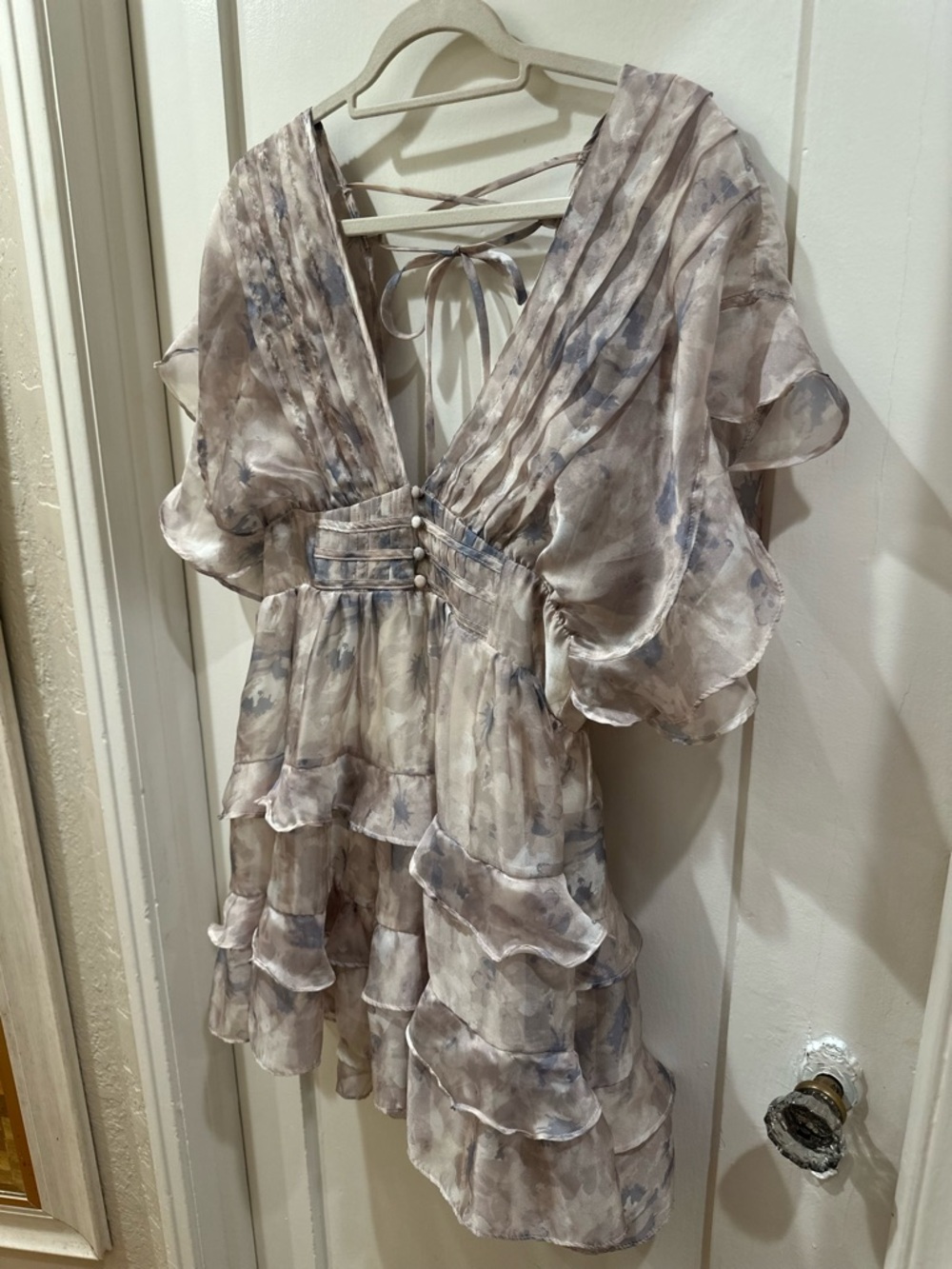 Storia Sheer V-Neck Mini Dress in Silver and Gray Watercolor